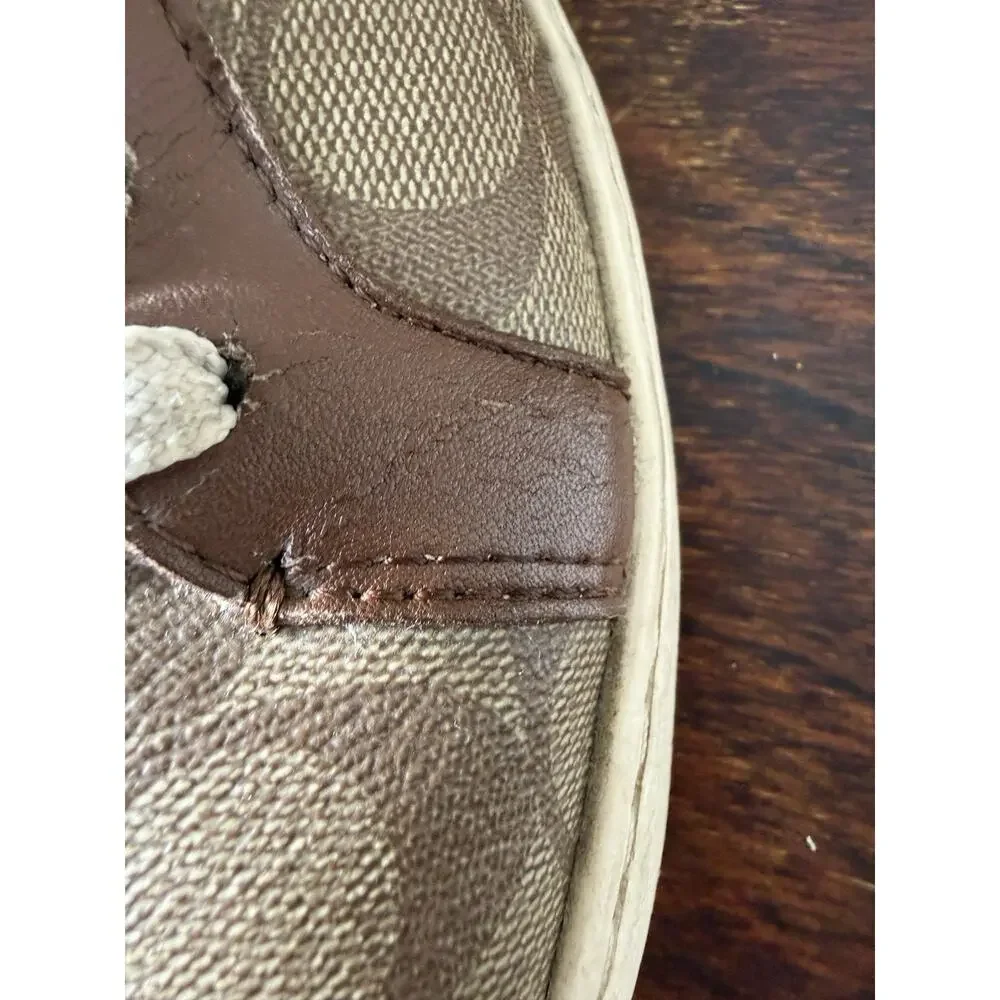 Coach Women's Clip Signature High Top Sneaker Size 7D Color Khaki/Saddle Logo